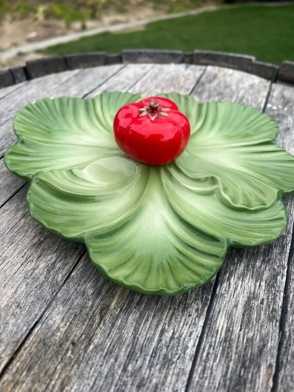 Vintage Brad Keeler Leaf Serving Plate with Tomato Center | Hand-Painted Majolic